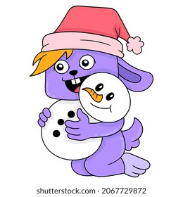 bunny celebrating christmas with snowman doll, vector illustration art. doodle icon image kawaii.