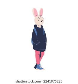 Bunny Character with Backpack Wearing Hoody Vector Illustration