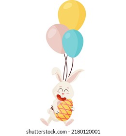 Bunny Character. Flying and Laughing on Three Balloons Funny, Happy Easter Cartoon Rabbit with Egg