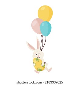 Bunny Character. Flying and Smile on Three Balloons Funny, Happy Easter Cartoon Rabbit with Egg