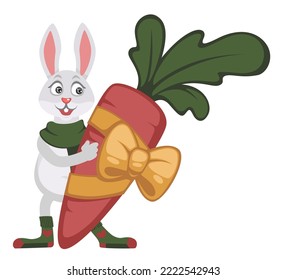 Bunny character holding big carrot wrapped in decorative bow and ribbon. Isolated rabbit wearing knit scarf and socks with hearts. Xmas and New year celebrations, Christmas time. Vector in flat style