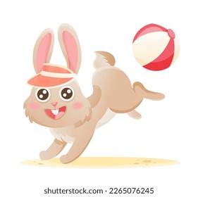 Bunny character on beach. Vacation accessories for summer sea holidays. Jumping rabbit in visor hat playing with ball.