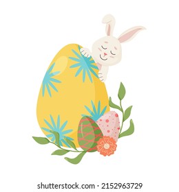 Bunny Character. Peeks out from Egg, Carrot. Cute, Happy Easter Rabbit with Floral, Flower.