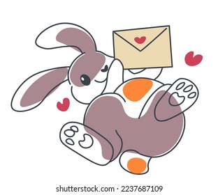 Personaje conejo jugando con carta de amor con emblema del corazón. Liebre salvaje aislada con sonrisa en el bozal y expresión alegre. Un animal lindo con orejas largas y cara linda. Vector de estilo plano