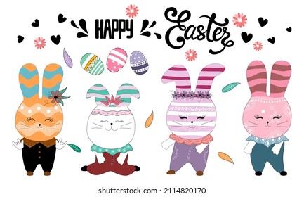 Bunny character set with cute patterns Designed in vintage doodle style for cards, stickers, t-shirt designs, print labels, pillow designs, kids t-shirts, Easter decorations and more.