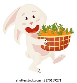 Bunny Character. Sitting and Laughing Funny, Happy Easter Cartoon Rabbit goes with Carrots Basket