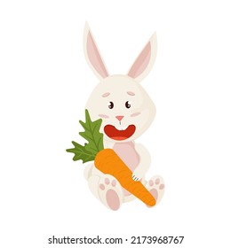 Bunny Character. Sitting and Laughing Funny, Happy Easter Cartoon Rabbit with Carrot