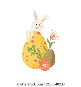 Bunny Character. Sitting on Egg, Smiling Funny, Happy Easter Cartoon Rabbit with Eggs, Floral, Flower