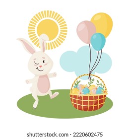 Bunny Character. Sitting on grass and Laughing Funny, Happy Easter Cartoon Rabbits with Eggs, Basket, Cloud and Sun