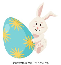 Bunny Character. Sitting and Smile Funny, Happy Easter Cartoon Rabbit with Egg