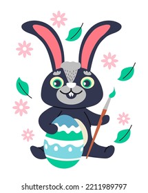 Bunny character with smile on face painting chicken egg for easter spring holiday. Cute rabbit personage with long ears and furry coat. Positive hare with falling leaves. Vector in flat style