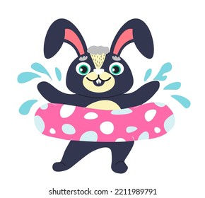 Bunny character wearing inflatable lifebuoy and smiling. Water splashes of sea or pool, activity in summer time or relaxation on vacation or holidays. Resting and recreation. Vector in flat style