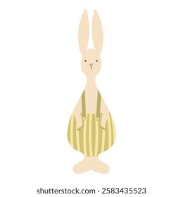 Bunny character wearing pants with suspenders, hand drawn easter rabbit