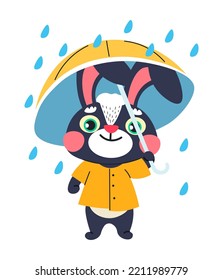 Bunny character wearing raincoat holding umbrella protecting from rain. Isolated rabbit personage with cute expression on muzzle. Hare with smiling face and positive look. Vector in flat style