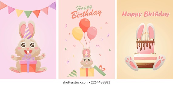 Bunny characters on poscards. Happy birthday greeting cards.