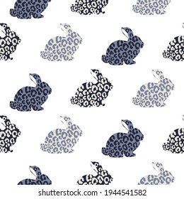 Bunny cheetah print blue silhouette Easter seamless pattern t shirt illustration.