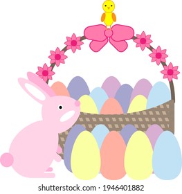 Bunny, chick and busket with eggs easter illustration