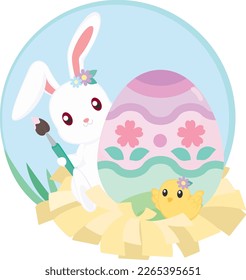 Bunny and Chick with Colorful Easter Egg