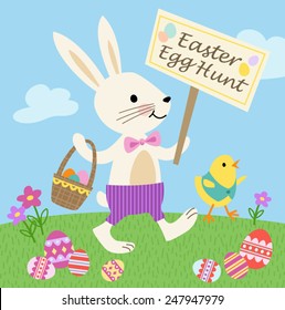 Bunny and Chick Easter Egg Hunt Vector Illustration