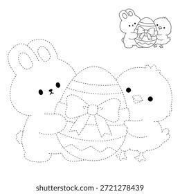 Bunny and Chick Hugging Easter Egg Coloring Page for Kids. Bunny and Chick with Easter Egg Coloring pages for kids. Trace and color Easter Bunny and Chick. Cute Bunny and Chick Coloring Page for Easter Activity Printable Vector.