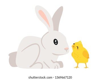 Bunny and chick isolated on white background. Vector illustration.