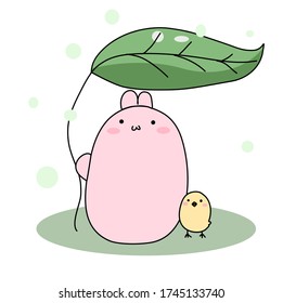 Bunny and chick with leaf umbrella