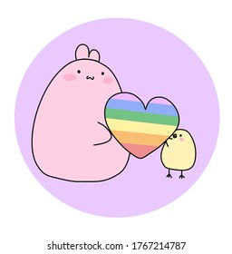 Bunny and chick with rainbow heart