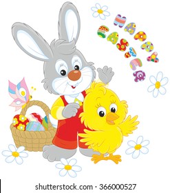 Bunny and Chick saying Happy Easter and waving in greeting