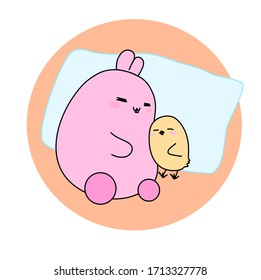 Bunny and chick sleep together