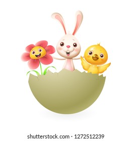Bunny chicken and flower celebrate Easter in hatched egg - vector illustration isolated on white background