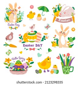 Bunny and chickens, easter holiday celebration and greeting. Isolated funny characters with flowers and blossom of summer, cup with tulips, carrot and butterfly. Hello spring, vector in flat