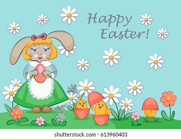 Bunny, chickens and eggs. Easter greeting card.