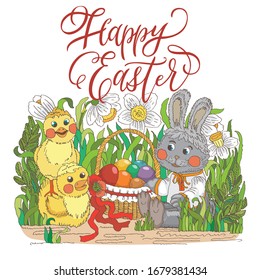 Bunny and chickens with paint eggs in the basket. Happy Easter card template with hand drawn illustration and lettering