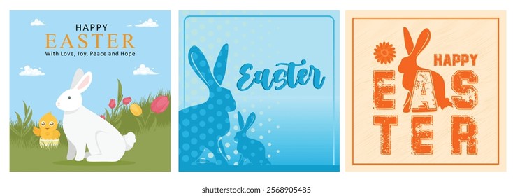 Bunny, chicks, and spring flowers for Easter celebration. Easter celebration with rabbit silhouette. Easter cute bunnies. Easter 2025 concept. Set flat vector illustration.