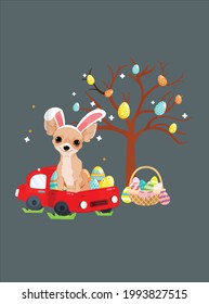 Bunny Chihuahua On Red Truck Hunt Eggs Tree Happy Easter design vector illustration for use in design and print poster canvas