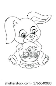 Bunny With Christmas Snow Globe Coloring Page. Outline Cartoon Vector Illustration