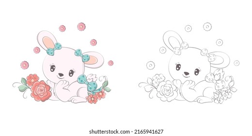 Bunny Clipart for Coloring Page and Multicolored Illustration. Baby Clip Art Bunny with Flowers and a Bow. Vector Illustration of an Animal for Coloring Pages, Prints for Clothes, Baby Shower.  svg