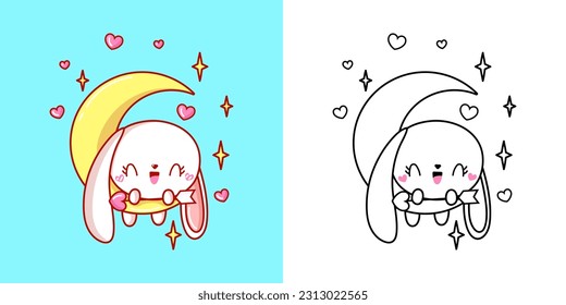 Bunny Clipart for Coloring Page and Multicolored Illustration. Adorable Clip Art Rabbit. Vector Illustration of a Kawaii Animal for Coloring Pages, Prints for Clothes, Stickers, Baby Shower.
