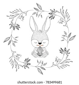 bunny with closed eyes and holding easter egg in decorative frame of branches in monochrome silhouette