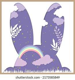 Conejo con nubes y arcoíris, colorido estilo de corte de papel de Pascua. Plantilla de corte de papel. 