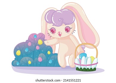 bunny collecting Easter eggs from a bush