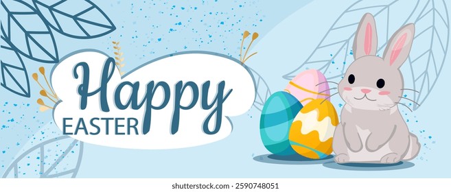 Bunny and colorful Easter eggs in cartoon style on blue background. Concept of Easter celebration. Vector illustration