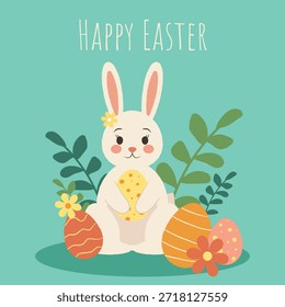 Un conejito con coloridos huevos de Pascua en un arreglo de flores