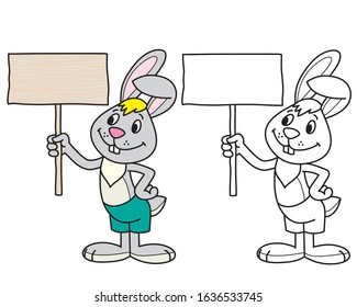 bunny coloring, gray bunny holds a wooden plate, cartoon character, for creativity and printing.
