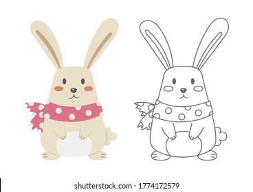 Bunny coloring page. Coloring page for kid. Cute pastel rabbit vector cartoon. 