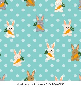Bunny colors, white, gray and brown, with carrots, sky blue polka dots background