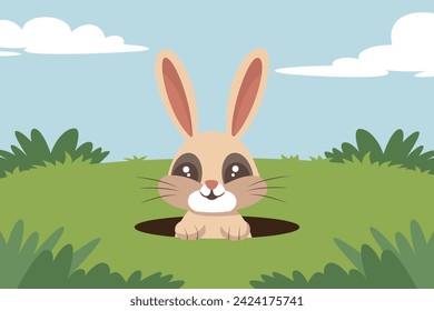 A bunny comes out of a hole on a green lawn. Illustration in vector format.