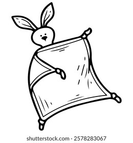 Bunny comforter for newborn. Hand drawn doodle. Soft toy napkin for baby sleep. Textile cute item for children. Vector line art illustration.