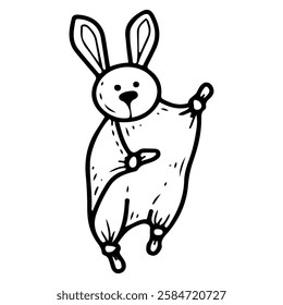 Bunny comforter for newborn. Hand drawn doodle. Soft toy napkin for baby sleep. Textile cute item for children. Vector line art illustration.