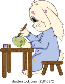 Bunny concentrates while painting flowers on an easter egg,vector.